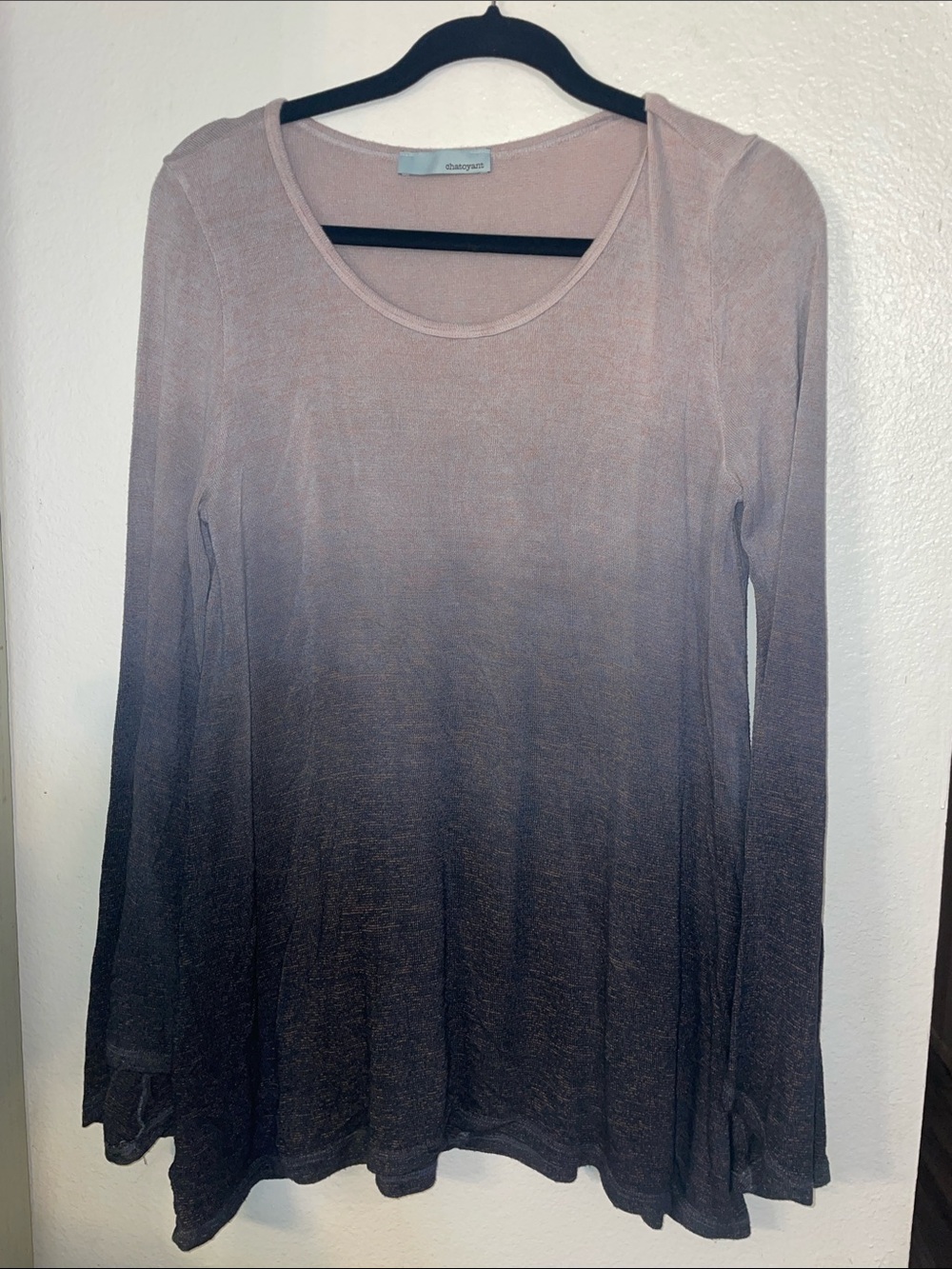 Chatoyant  Taupe-to-Charcoal Ombre Scoop Neck Long-Sleeve Top